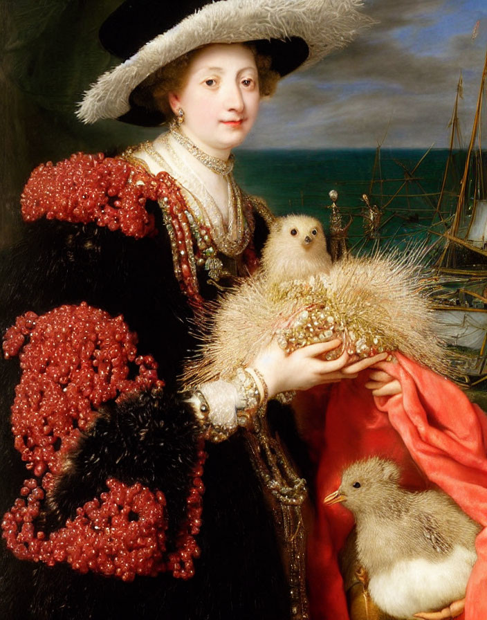 Renaissance woman in ornate dress with animals by the sea