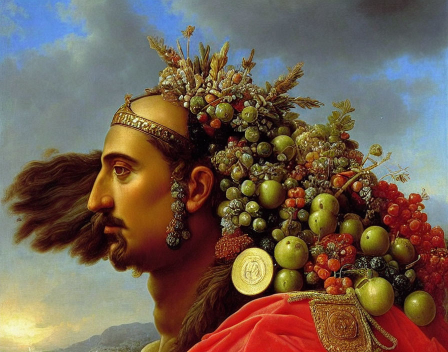 Profile portrait with fruit headpiece: classical art depicting man in regal attire.