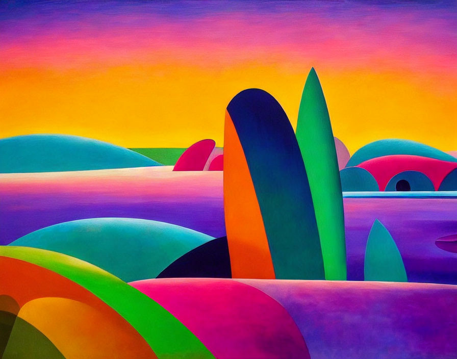 Vibrant Abstract Landscape with Colorful Hills and Water