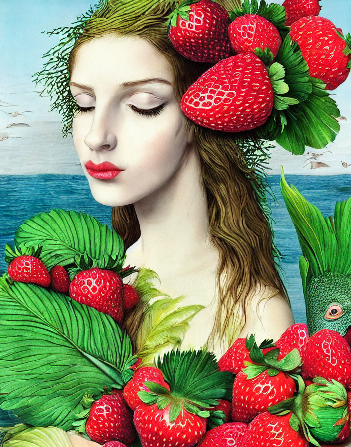 Surreal portrait of woman with strawberries and parrot on blue background