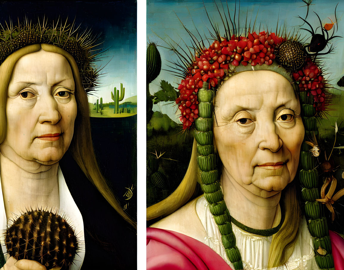 Surreal portraits with cactus headpieces in classical style