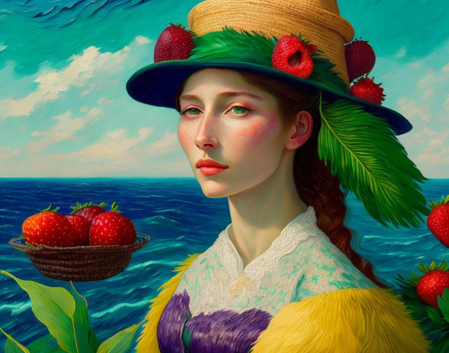 Woman in Strawberry-Themed Attire by Ocean: Surreal Portrait Art