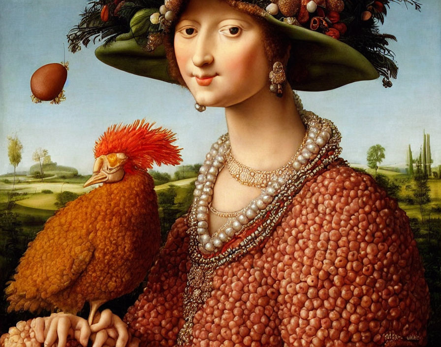 Surreal portrait: woman with chicken, fruit hat, bean dress