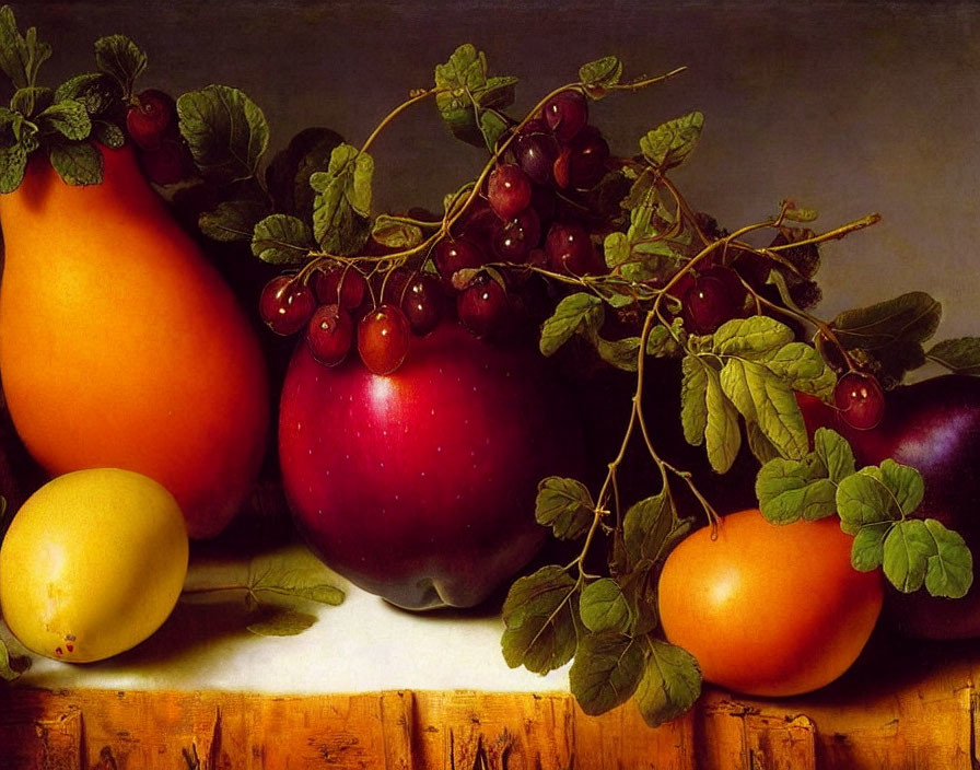 Vibrant still life painting of ripe fruit on wooden surface