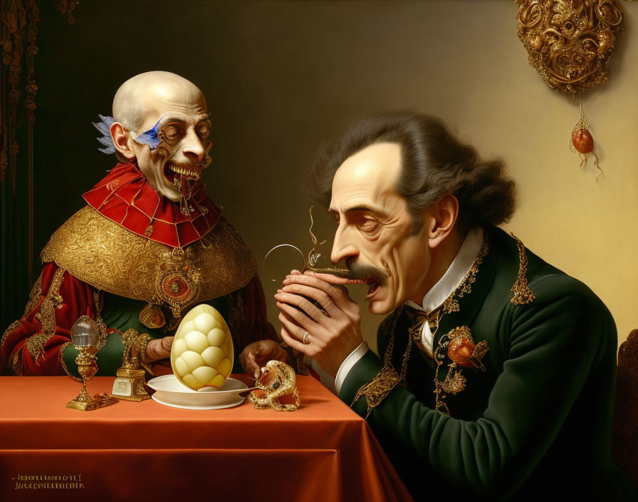 Surreal painting of skeletal figure sipping from cup and man with large nose eating egg in arist