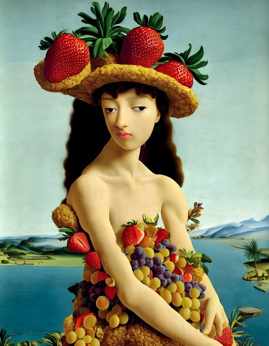 Surreal portrait: woman with fruit body and strawberry hat in serene landscape