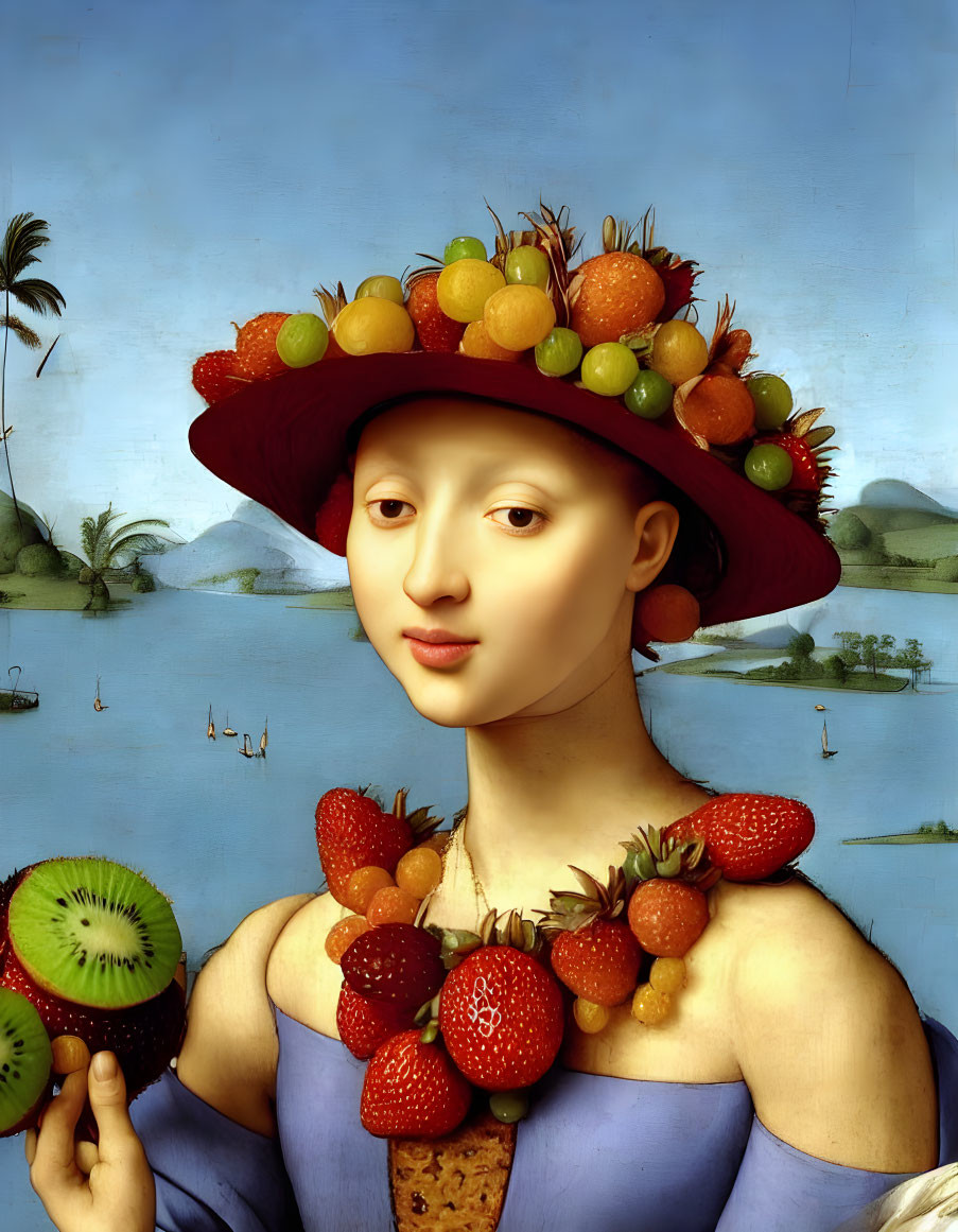 Woman portrait with fruit-laden hat and dress, featuring strawberries and kiwis.