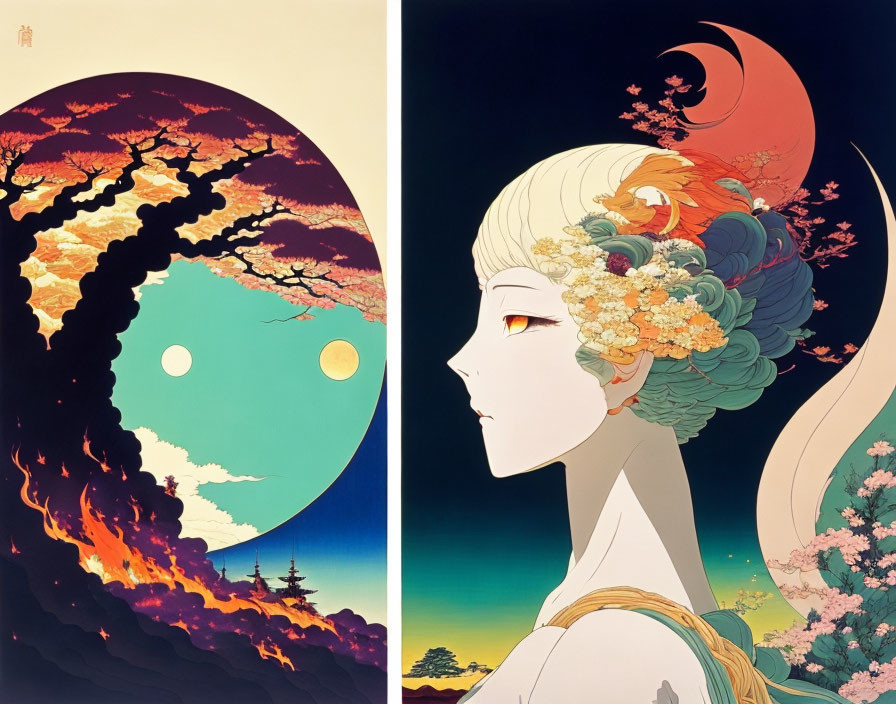 Surreal landscape and woman profile diptych with vibrant tree, moon, and floral hair