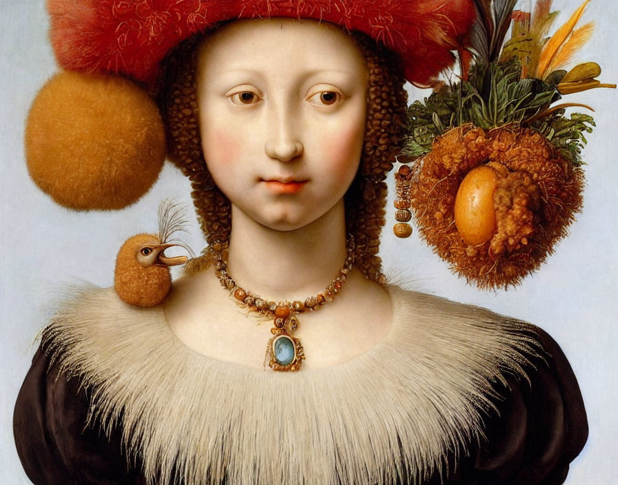 Woman in black dress with fur trim, ornate necklace, red hat with fruits & feathers