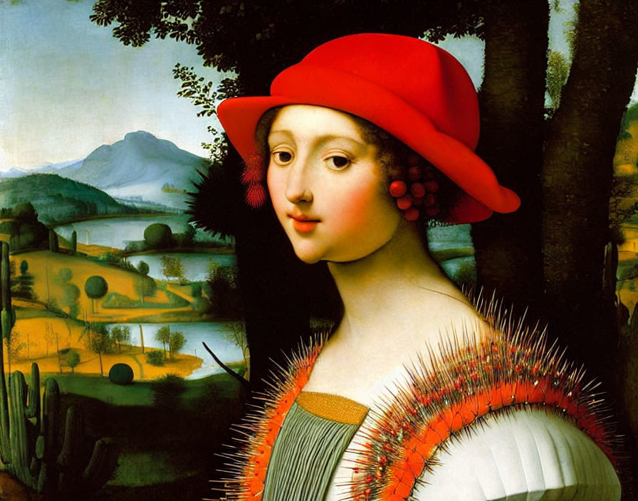 Renaissance portrait of woman in red hat and intricate dress