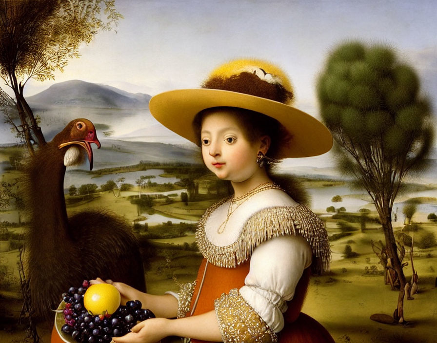 Surreal painting: Woman in period dress with fruit plate and whimsical bird in pastoral landscape