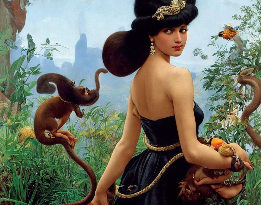 Exotic woman in black dress with monkey, lemurs, lush greenery