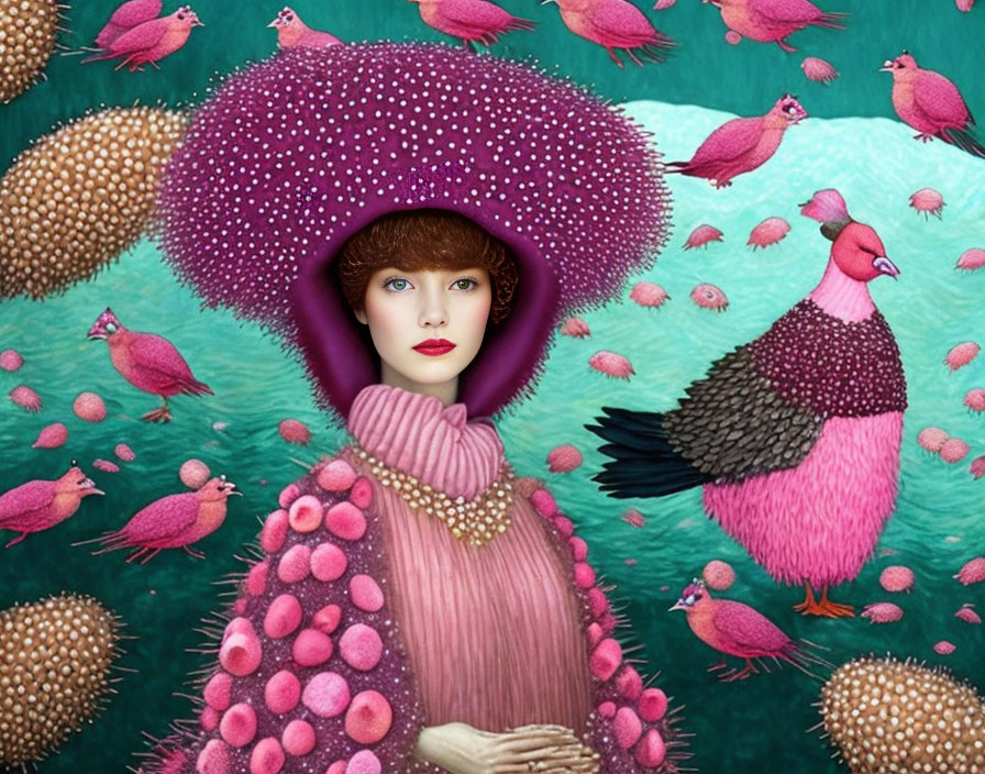 Woman in pink dress with mushroom hat and whimsical birds in fantasy setting