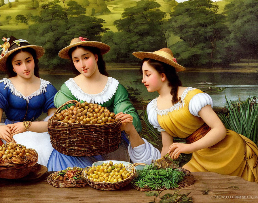 Three women sorting fruit and vegetables in traditional clothing by a river