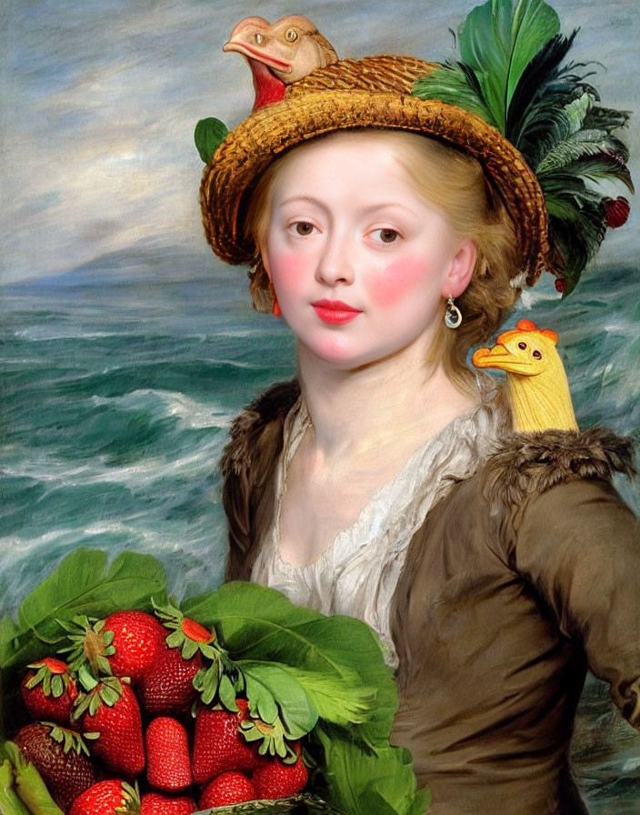 Vintage dress portrait of woman with rubber chicken hat and strawberries by the ocean