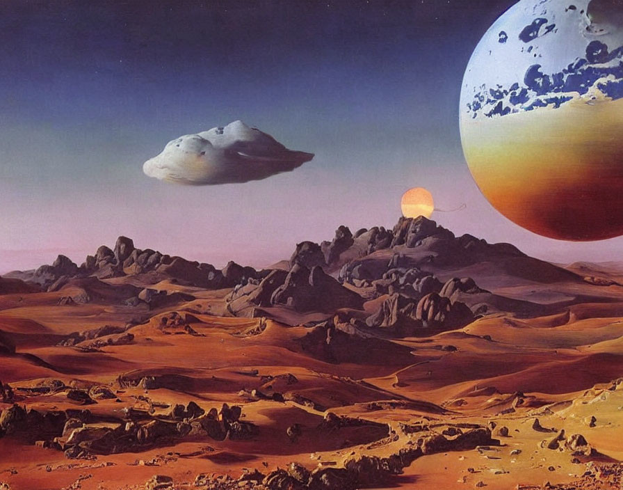 Surreal landscape with rocky terrain, large planet, moon, and floating rocks