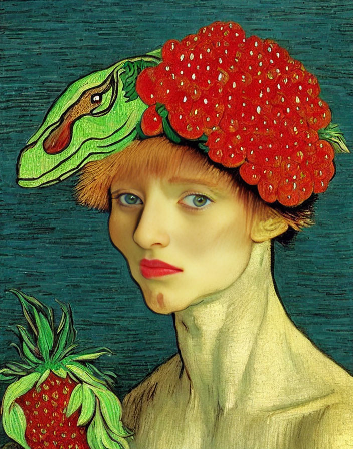 Surreal portrait: person in strawberry hat with lizard, golden attire, strawberry, blue background