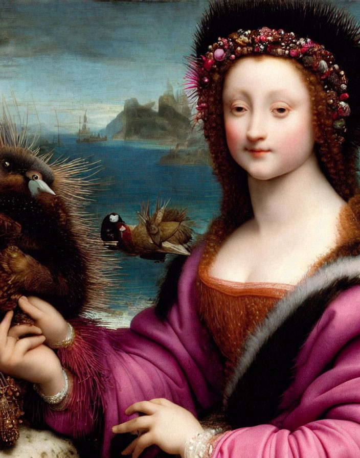 Renaissance portrait of woman in pink dress with ermine fur and spiky animal by coastal