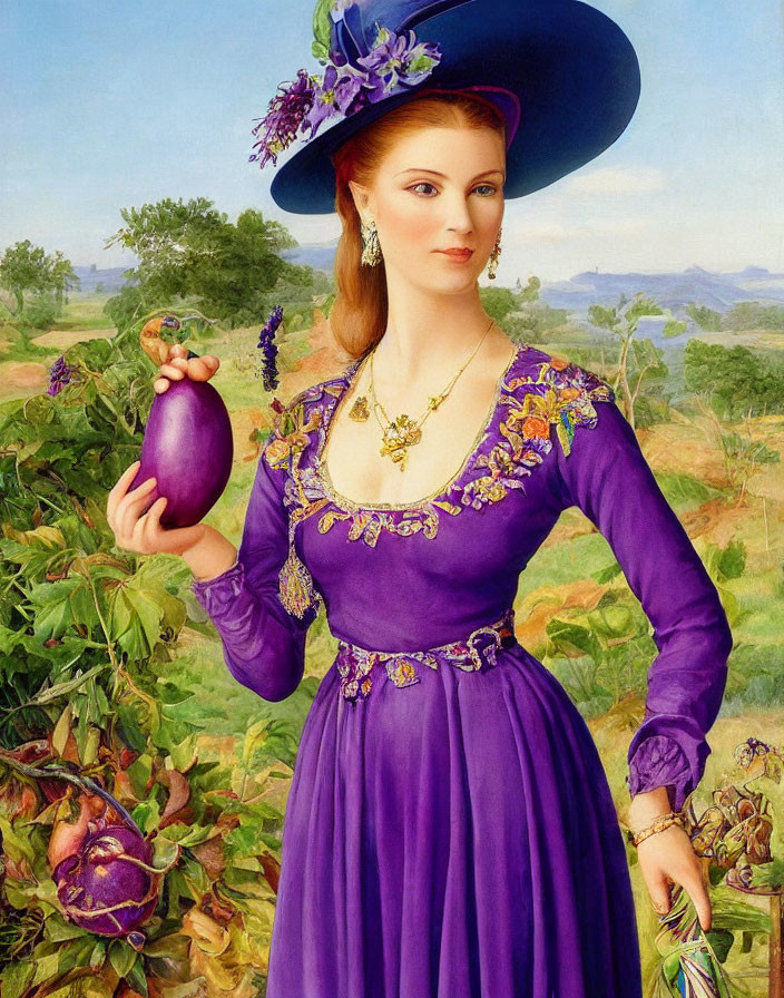 Woman in purple dress with floral embroidery holding eggplant in front of landscape backdrop wearing wide-brimmed