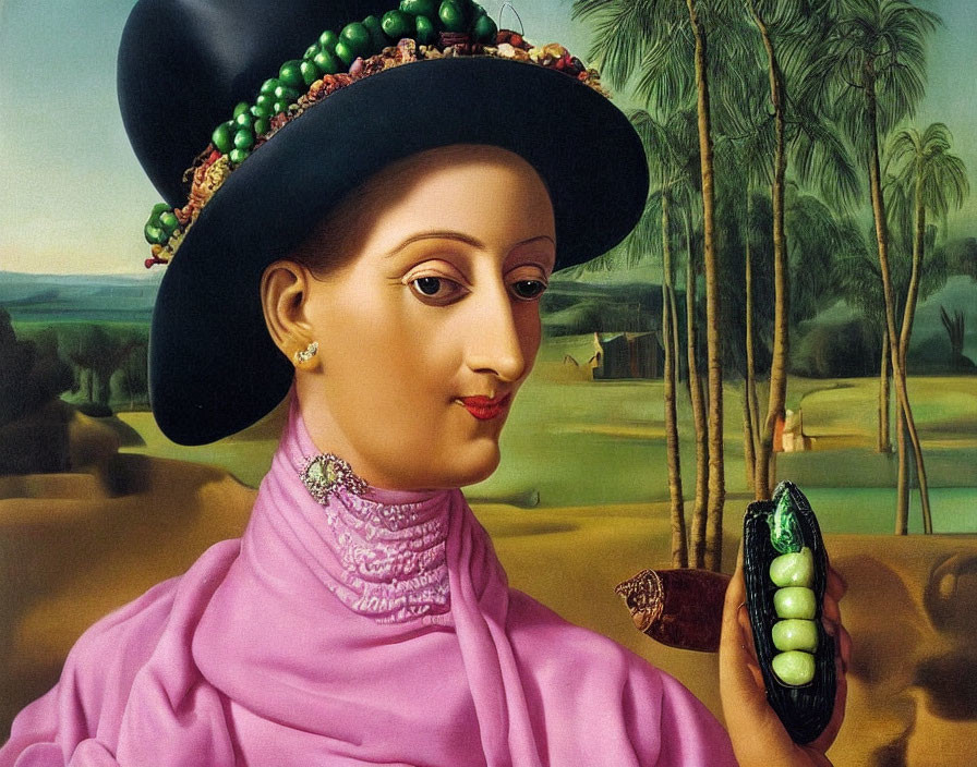 Colorful painting of woman in fruit hat with tropical background