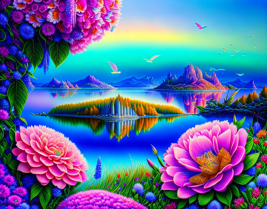 Colorful Landscape with Tranquil Lake, Mountains, Flowers, Sunset Sky