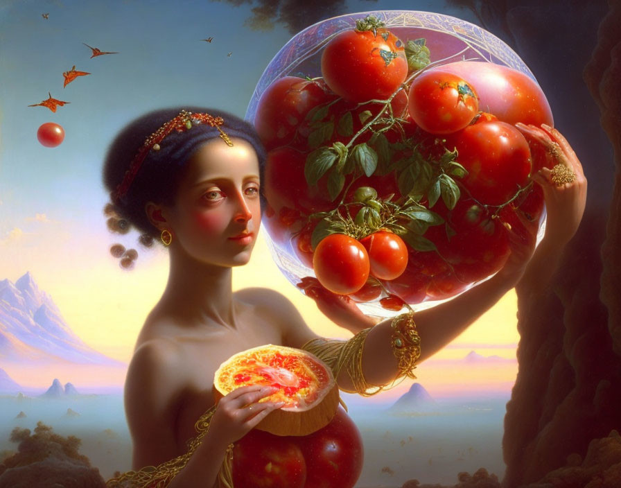 Surreal portrait: Woman with transparent sphere and tomatoes slice in dreamy landscape