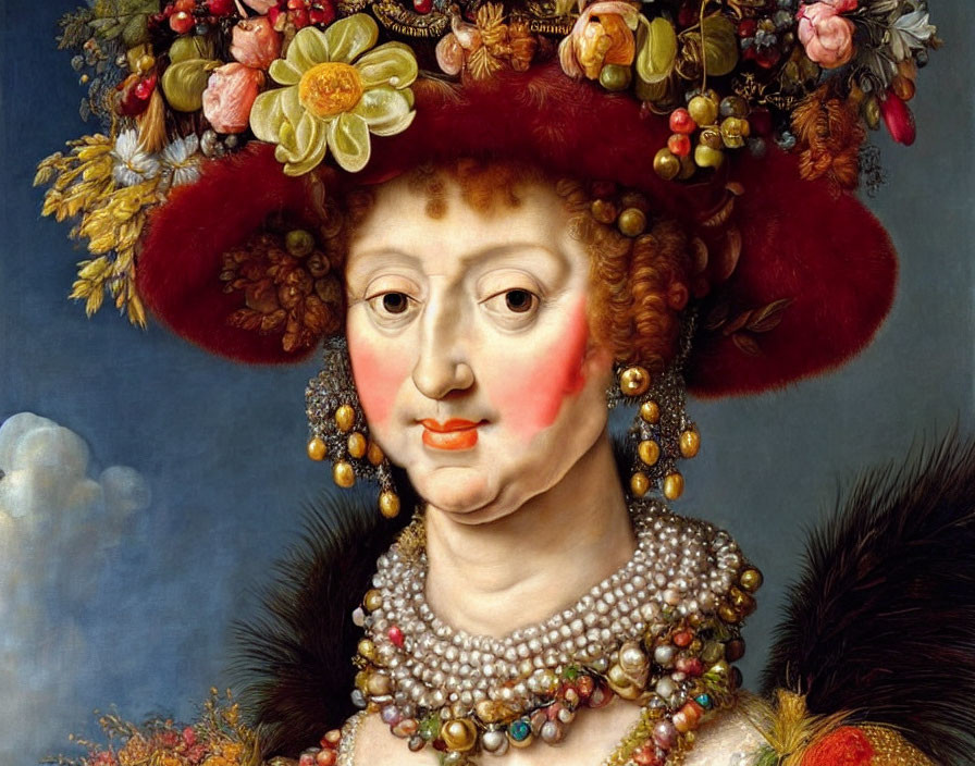 Elaborate Fruit and Flower Hat Portrait with Pearls and Rich Dress