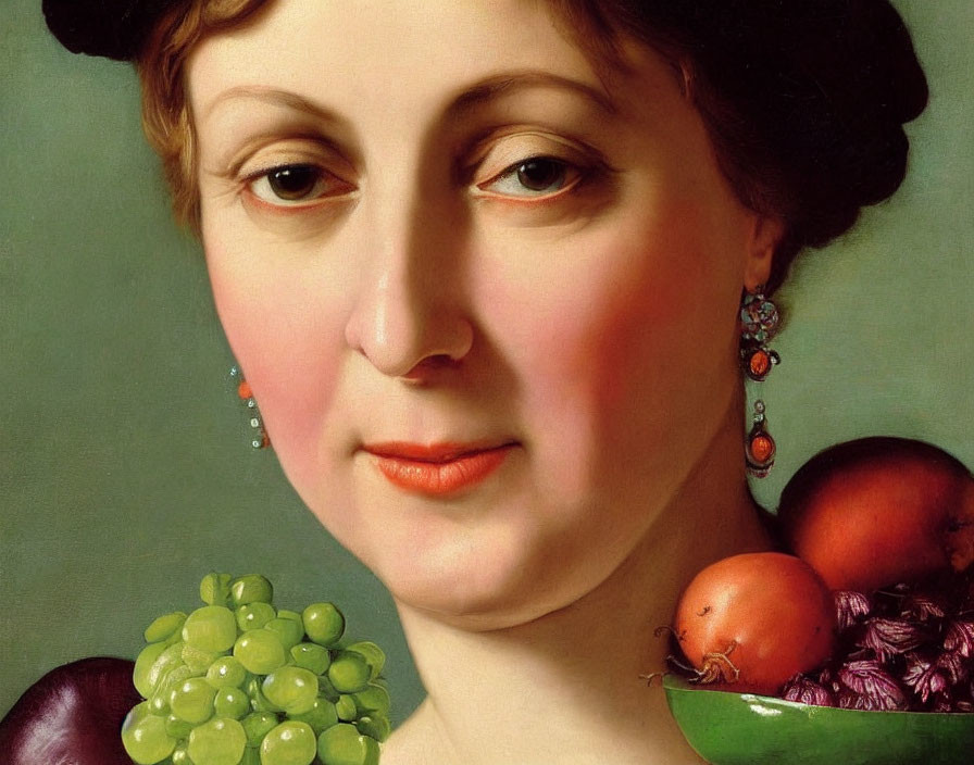 Portrait of Woman with Rosy Cheeks and Headband, Earrings, Fruits, and Veget