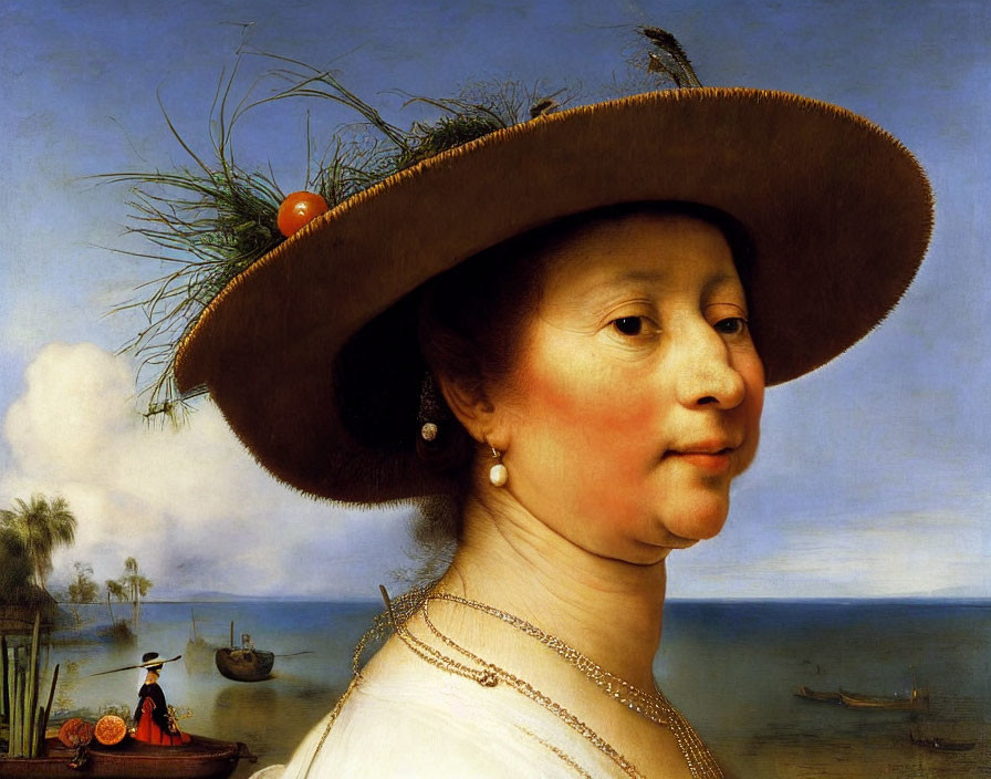 Woman in Feathered Hat with Pearl Earring and Serene Expression by Boats and Fisherman Landscape