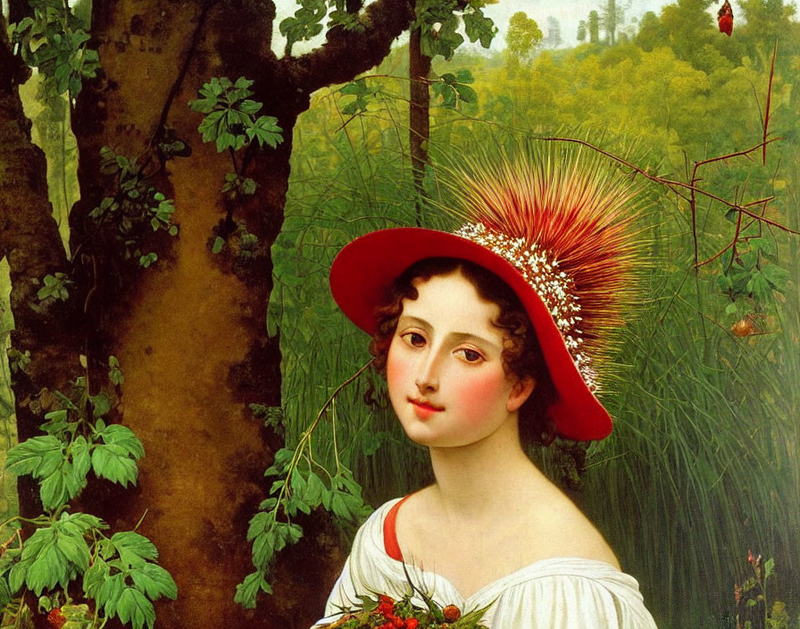 Young Woman with Red Feathered Hat in Forest Setting