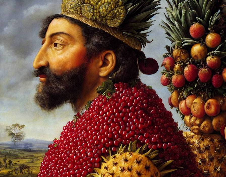 Man with Beard in Fruit Garment & Hat Against Pastoral Landscape