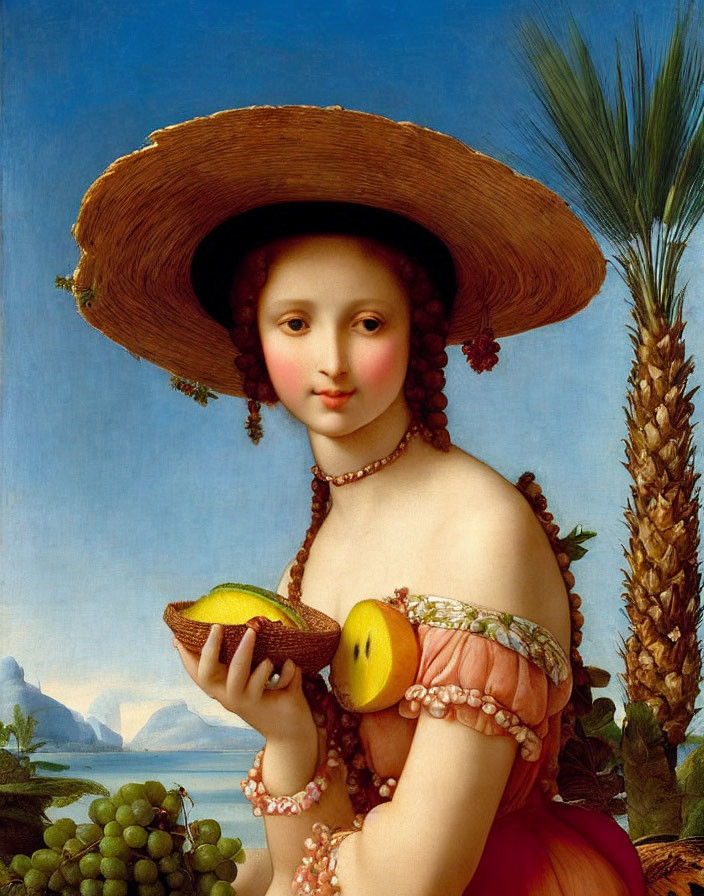 Portrait of woman in wide-brimmed hat with melon and grapes