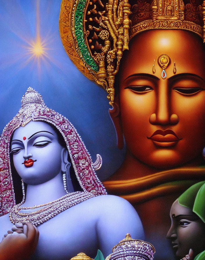 Vibrant artwork of two Hindu deities with ornate headdresses on blue background