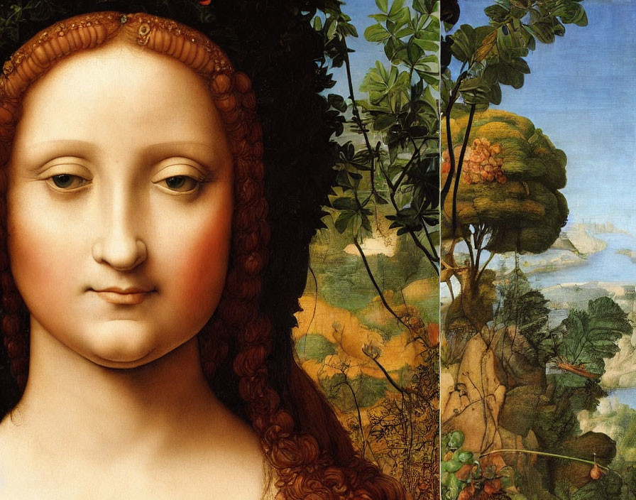 Renaissance painting of serene woman with auburn hair and lush landscape