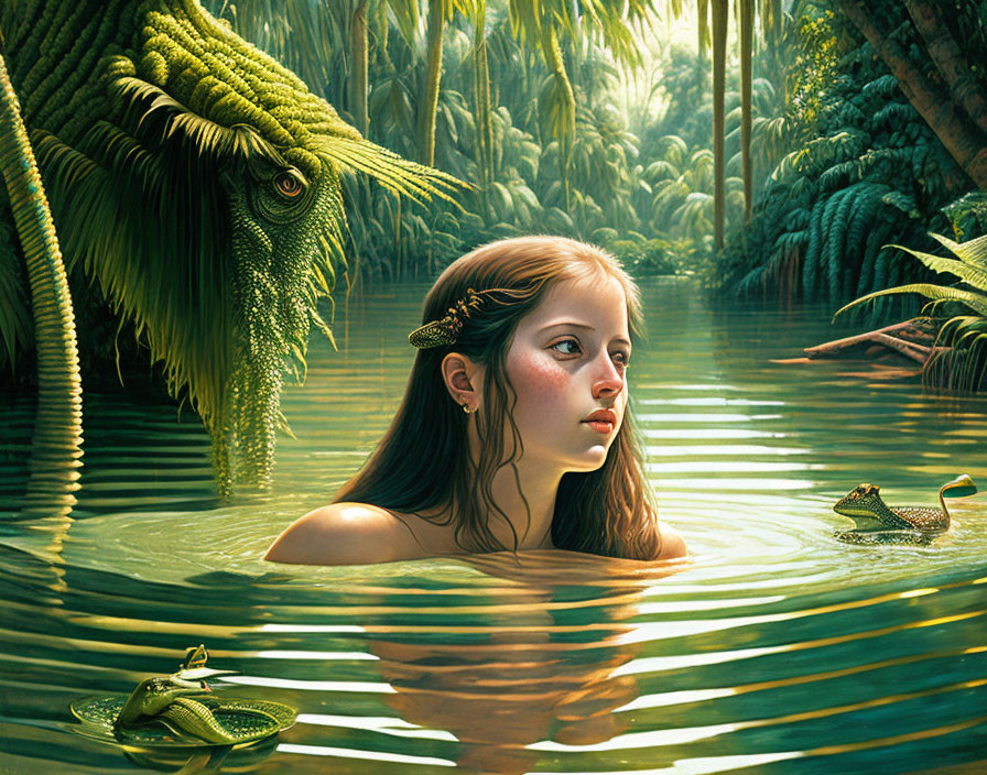 Young woman with dragon and frogs in lush jungle setting