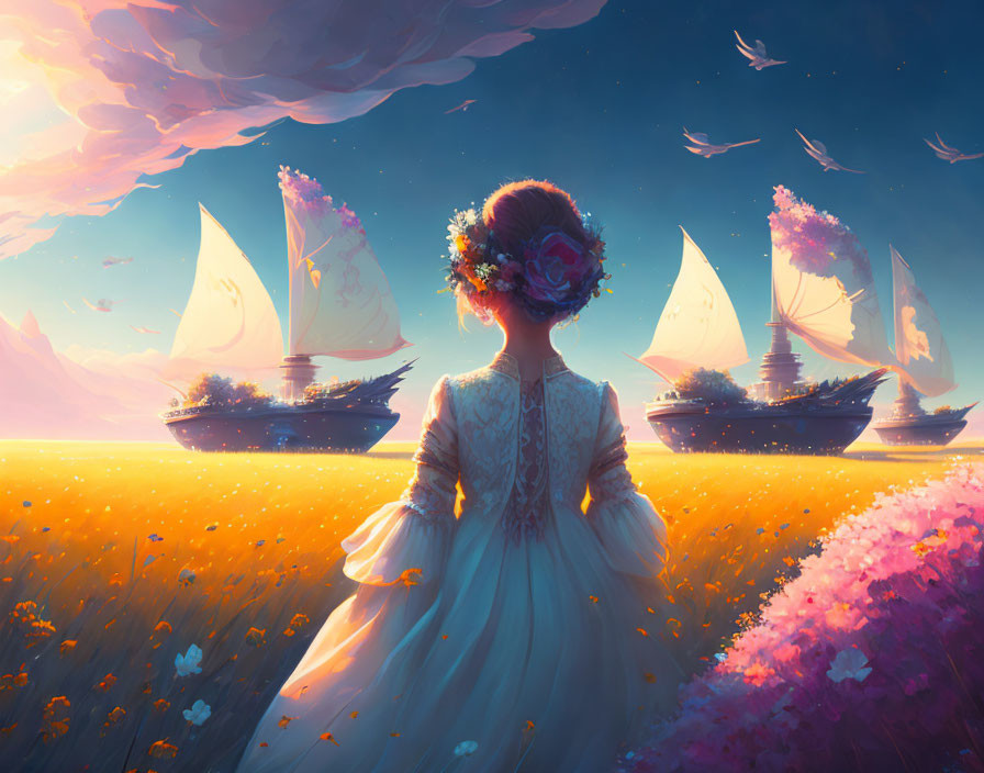 Young girl in white dress in flower field watching sailboats at sunset