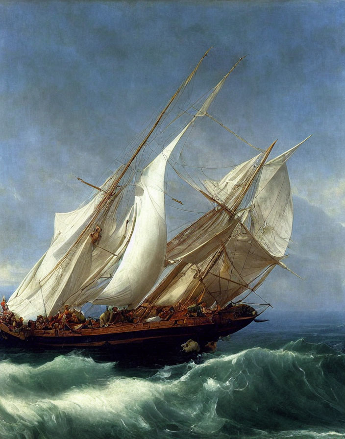 Maritime oil painting of sailing ship in turbulent waves