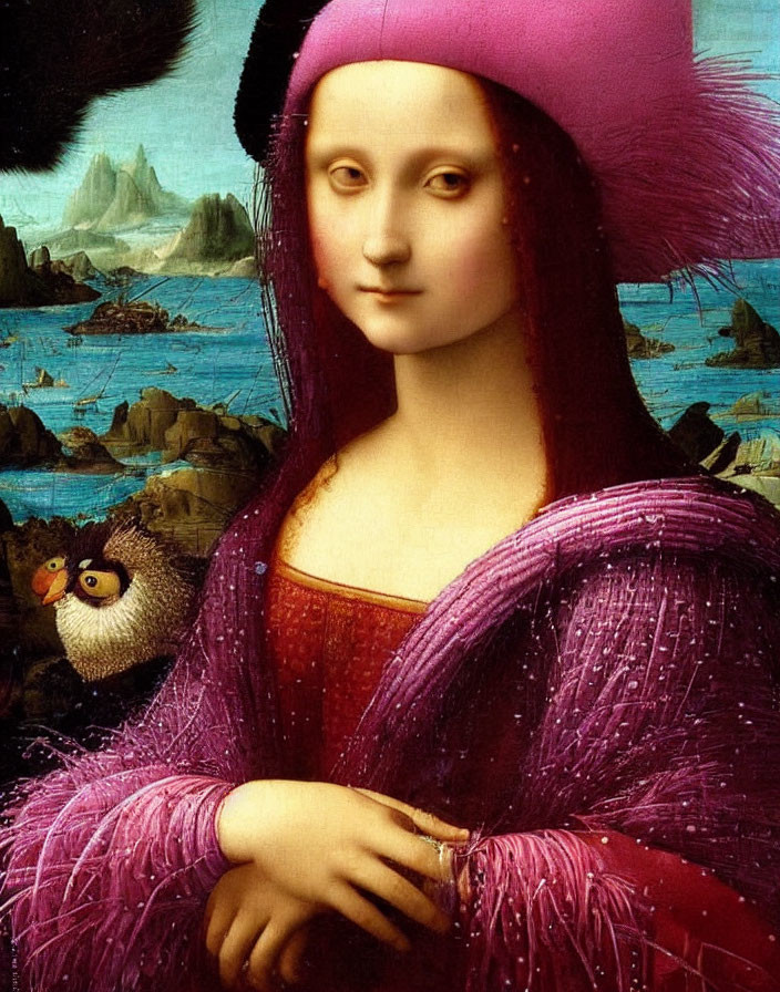 Portrait of Woman in Pink Hat with Landscape Background and Dark Bird