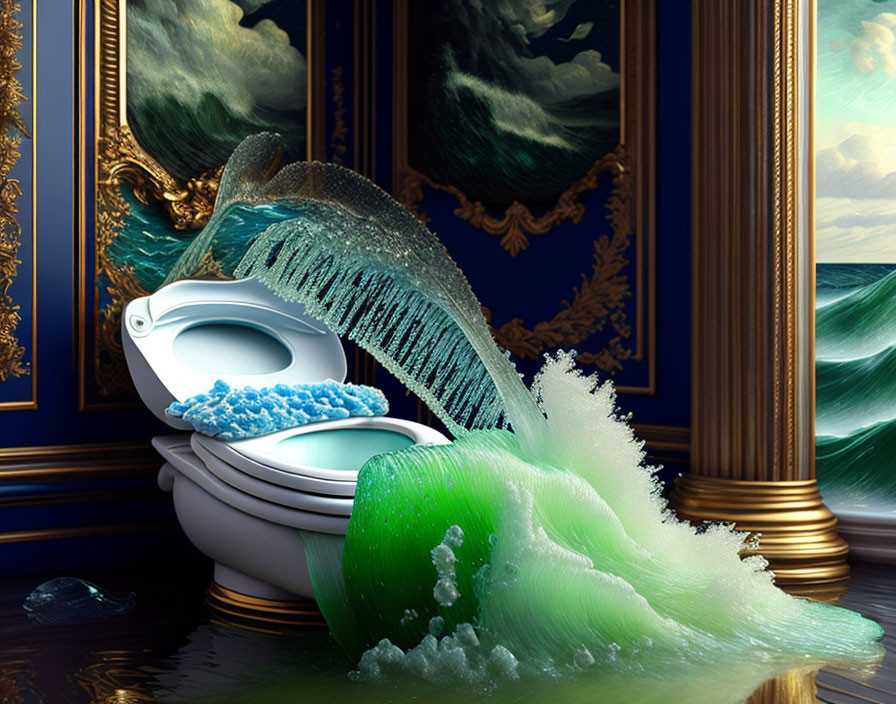 Surreal image: toilet with large wave in ornate setting