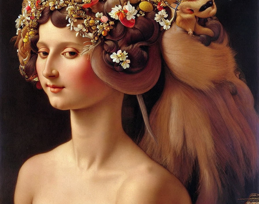 Classical portrait of woman with floral wreath and small animal