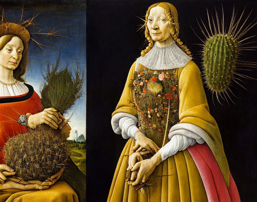 Renaissance-era painting of two figures with thistle, enigmatic expressions