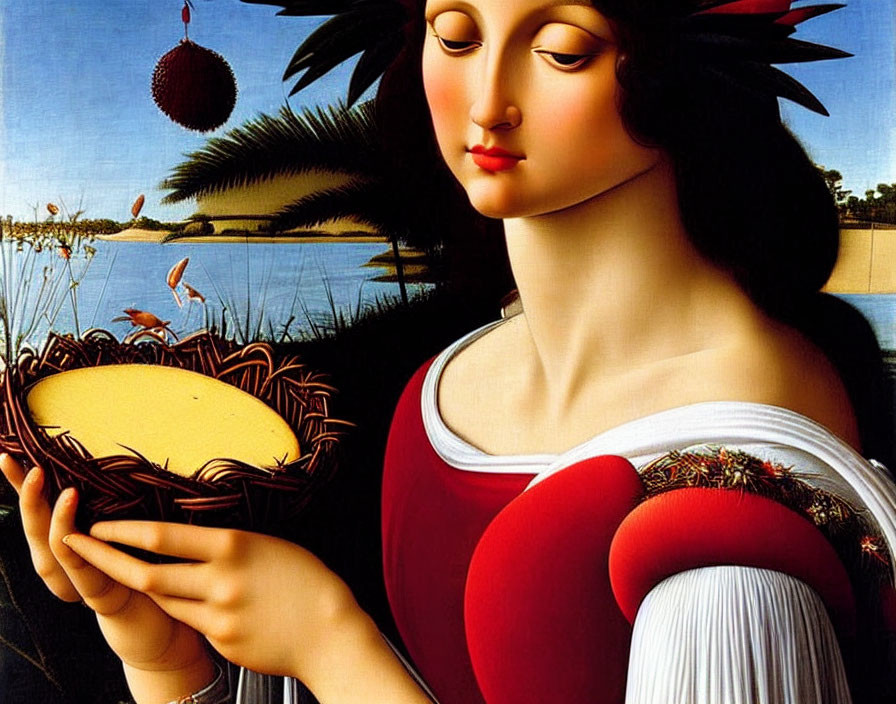 Serene woman holding nest with eggs in landscape with flamingos