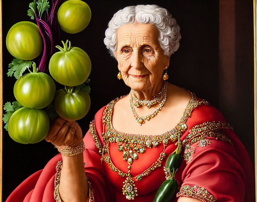 Elderly woman in red dress with green tomatoes and jewelry