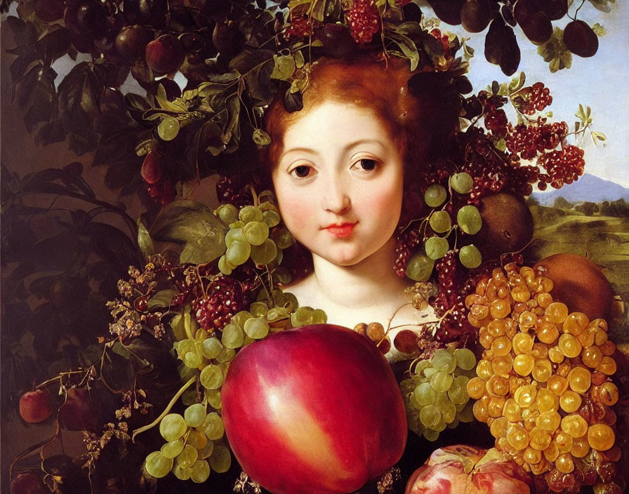 Realistic painting of woman's face with lush fruits evoking harvest abundance