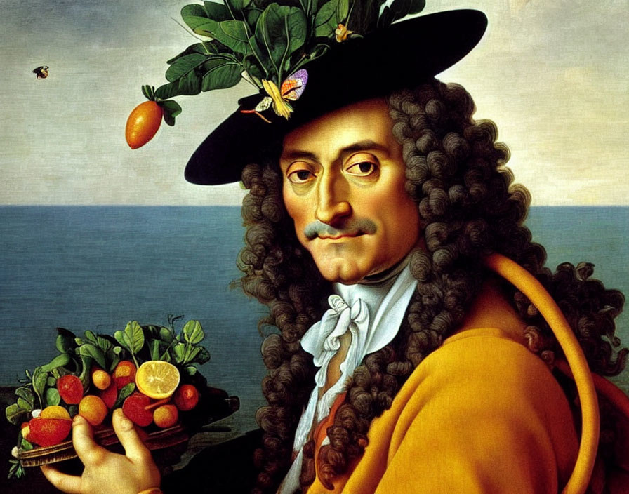 Elaborately adorned man portrait with fruit hat against seascape