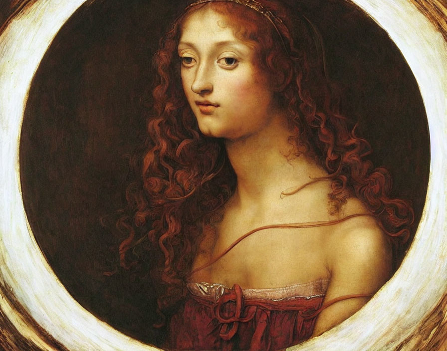 Classic Portrait of Woman with Flowing Red Hair and Oval Frame