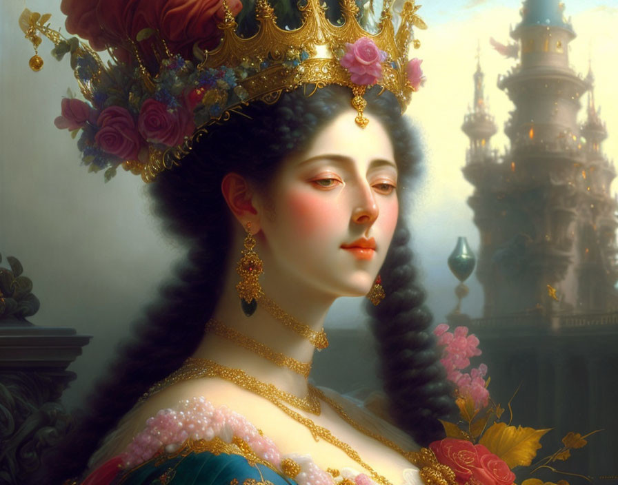 Regal woman in historical gown with crown and gold jewelry at fairytale castle