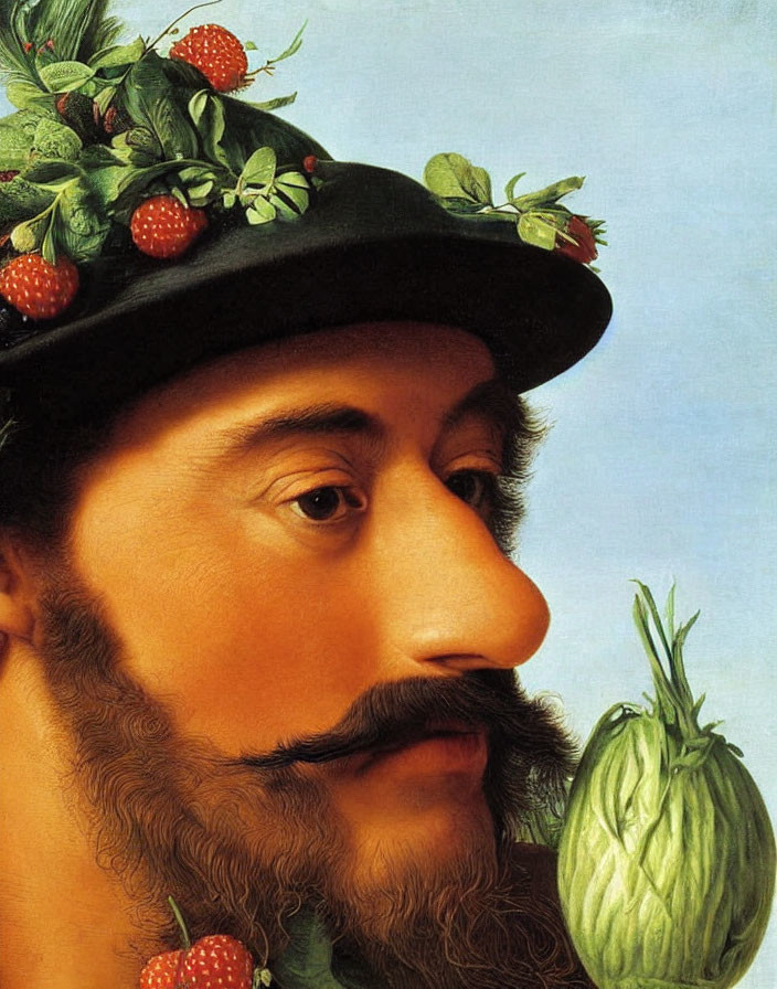 Man portrait with green leaf wreath, strawberries, moustache, and berry pin.