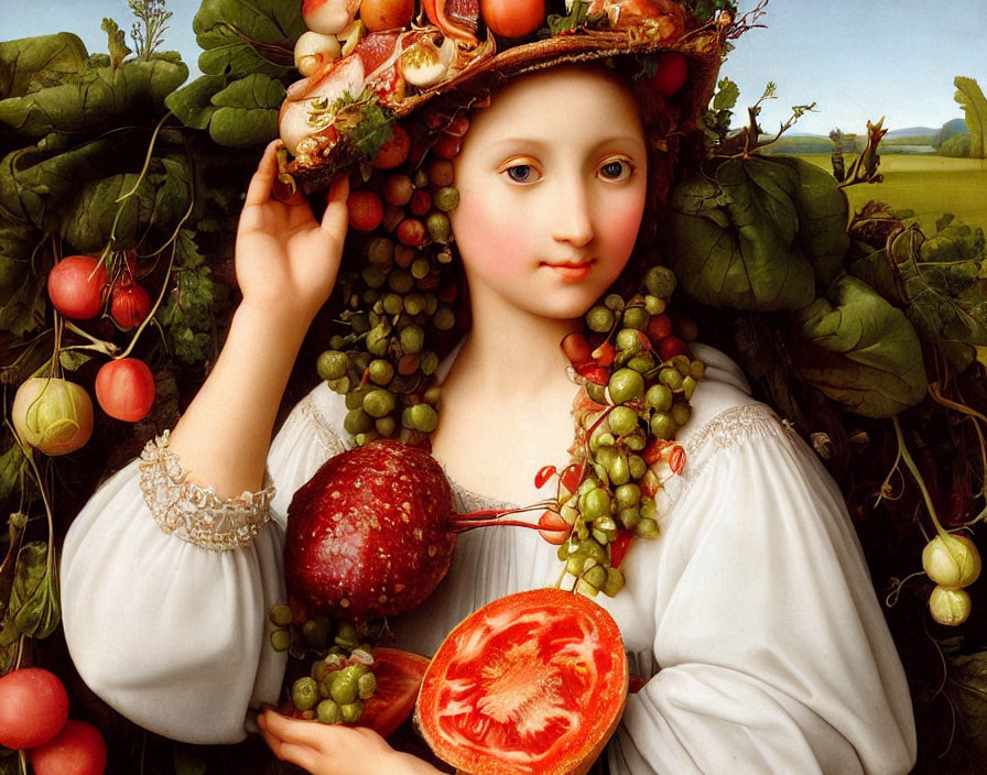 Renaissance painting of a woman with elaborate fruit, foliage, and flower headdress