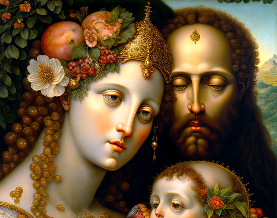 Renaissance-style painting of woman, man, child with fruit and foliage in hair, surreal landscape